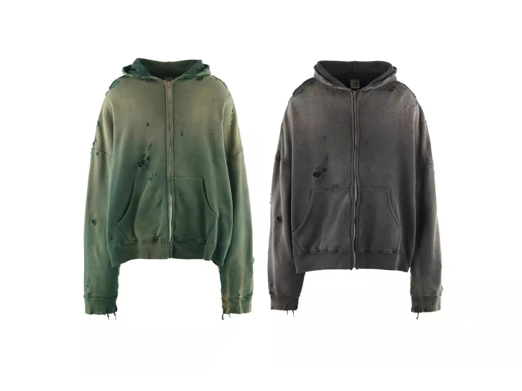 Spot ST1019 Green Gray P288 SAINT Mxxxxxx ZIP UP HOODIE/DOUBLE FACE Destroyed Zipper Sweater 25SS Size S-M-L-XL